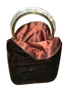 Vintage Velvet Purse Pearlized Lucite Handle Satin Lining classic